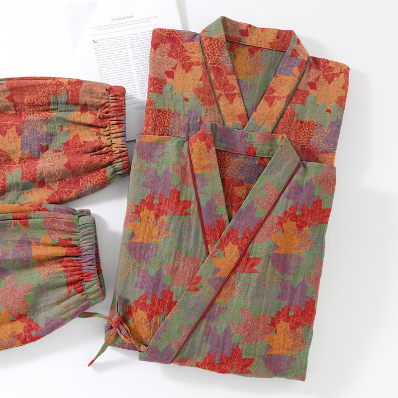 Set pigiama kimono in cotone con motivo foglia d'acero - image 14