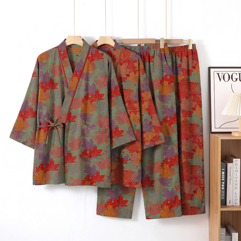 Set pigiama kimono in cotone con motivo foglia d'acero - image 8