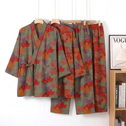 Set pigiama kimono in cotone con motivo foglia d'acero - image 8