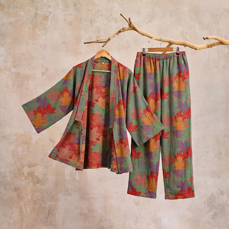 Set pigiama kimono in cotone con motivo foglia d'acero - image 13