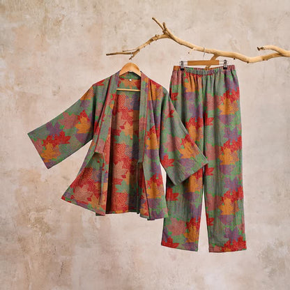 Set pigiama kimono in cotone con motivo foglia d'acero - image 13