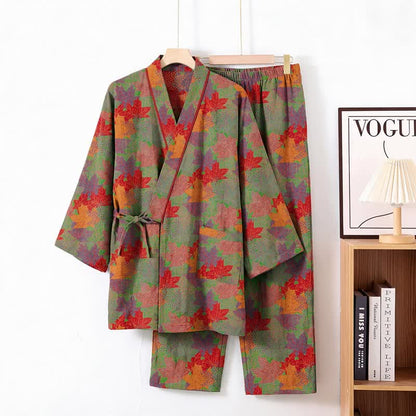 Set pigiama kimono in cotone con motivo foglia d'acero - Verde e rosso - XL - image 7