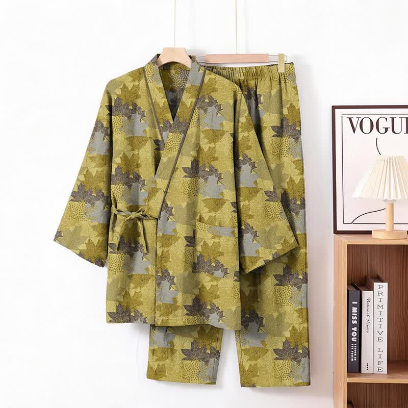 Set pigiama kimono in cotone con motivo foglia d'acero - Giallo e grigio - XL - image 15
