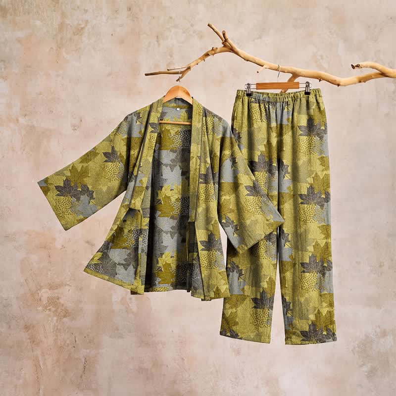 Set pigiama kimono in cotone con motivo foglia d'acero - image 21