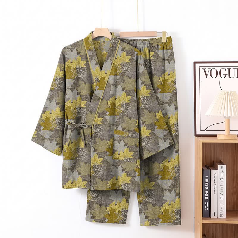 Set pigiama kimono in cotone con motivo foglia d'acero - Grigio e giallo - XL - image 23