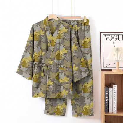 Set pigiama kimono in cotone con motivo foglia d'acero - Grigio e giallo - XL - image 23