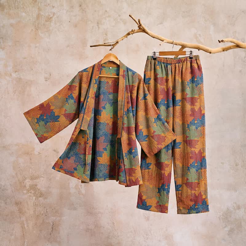 Set pigiama kimono in cotone con motivo foglia d'acero - image 37