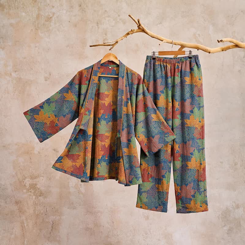 Set pigiama kimono in cotone con motivo foglia d'acero - image 45