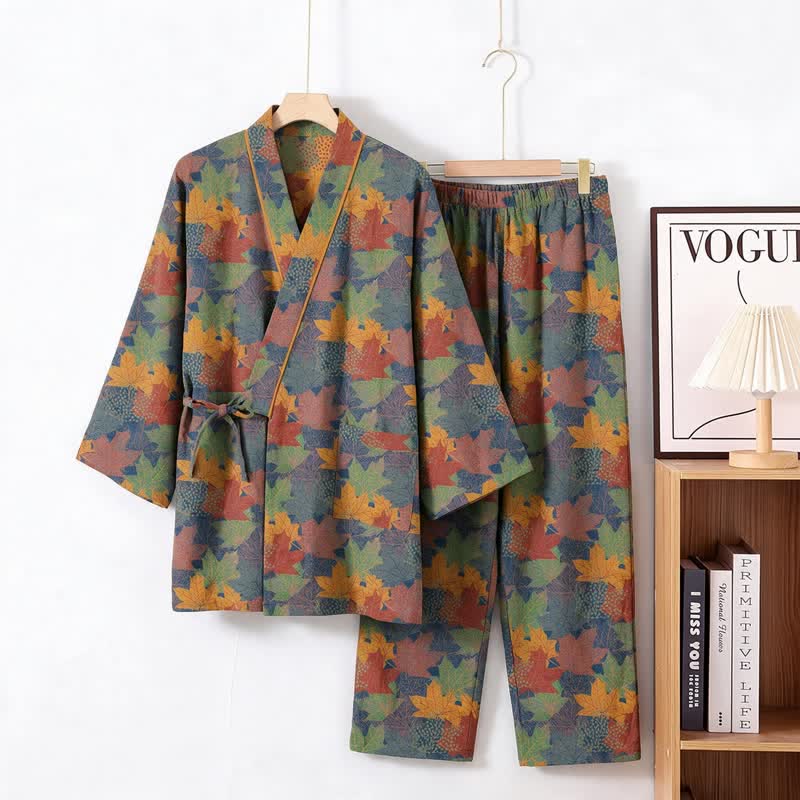 Set pigiama kimono in cotone con motivo foglia d'acero - Blu e arancione - XL - image 39