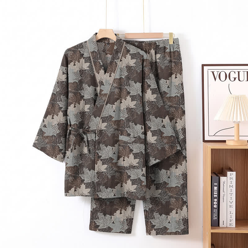 Set pigiama kimono in cotone con motivo foglia d'acero - Marrone e grigio - XL - image 47
