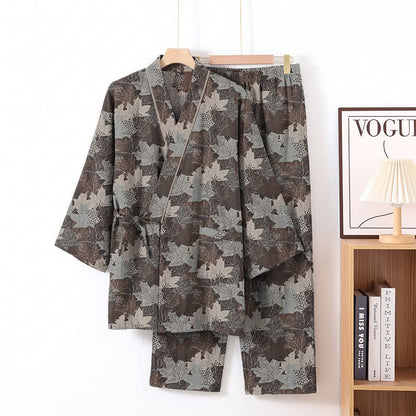 Set pigiama kimono in cotone con motivo foglia d'acero - Marrone e grigio - XL - image 47