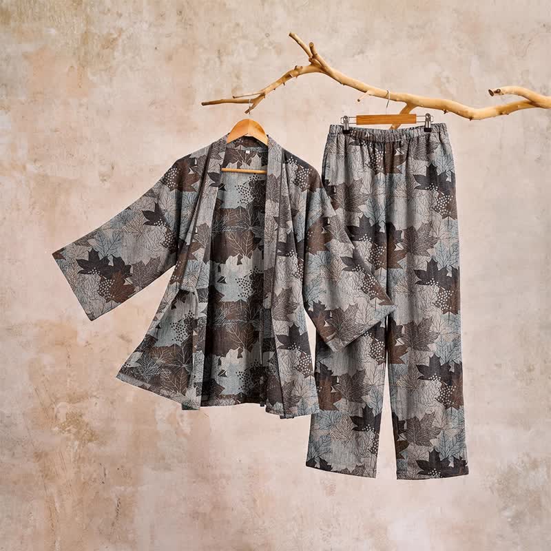 Set pigiama kimono in cotone con motivo foglia d'acero - image 61