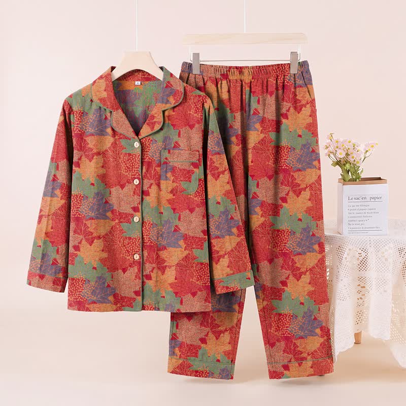 Completo da casa in cotone con stampa a foglie d'acero autunnali - Rosso e verde - XL - image 0