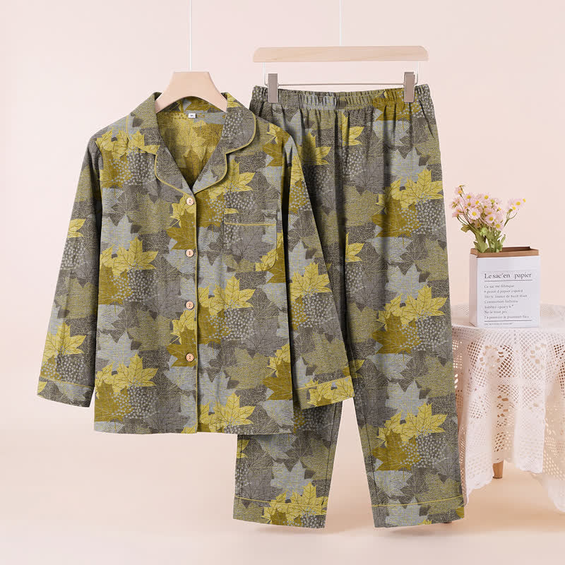 Completo da casa in cotone con stampa a foglie d'acero autunnali - Grigio e giallo - XL - image 18