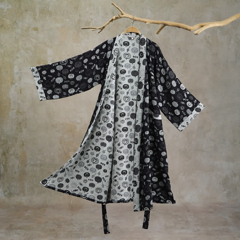 Kimono in cotone con motivo zucca di Halloween e caramelle - Nero - 2XL - image 0