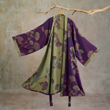Kimono in cotone con foglie di ginkgo in stile retrò - Viola e verde erba - XL - image 0