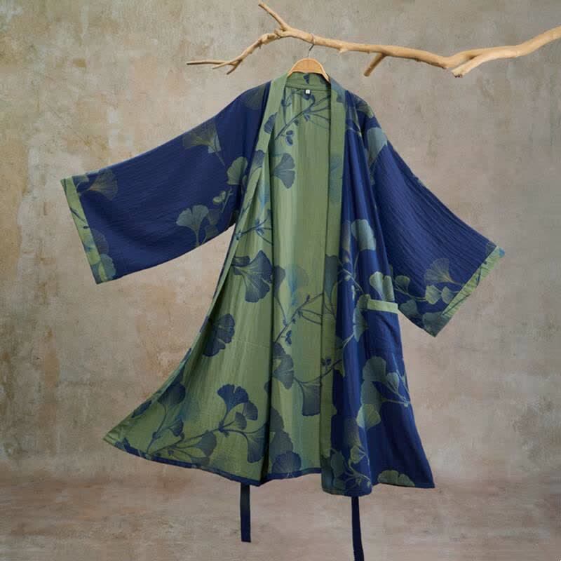 Kimono in cotone con foglie di ginkgo in stile retrò - Blu intenso e verde erba - XL - image 8