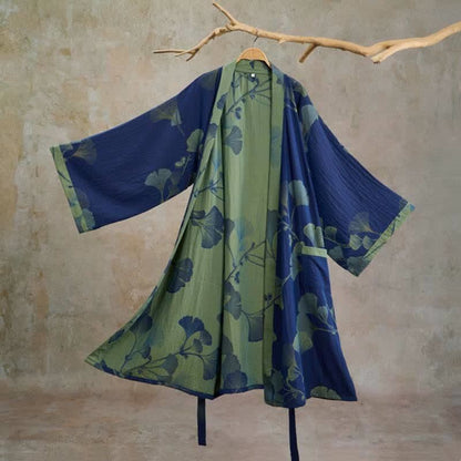 Kimono in cotone con foglie di ginkgo in stile retrò - Blu intenso e verde erba - XL - image 8