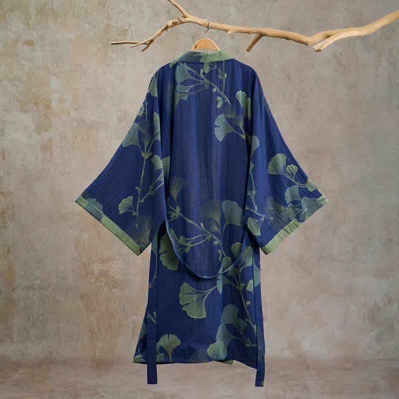 Kimono in cotone con foglie di ginkgo in stile retrò - image 9