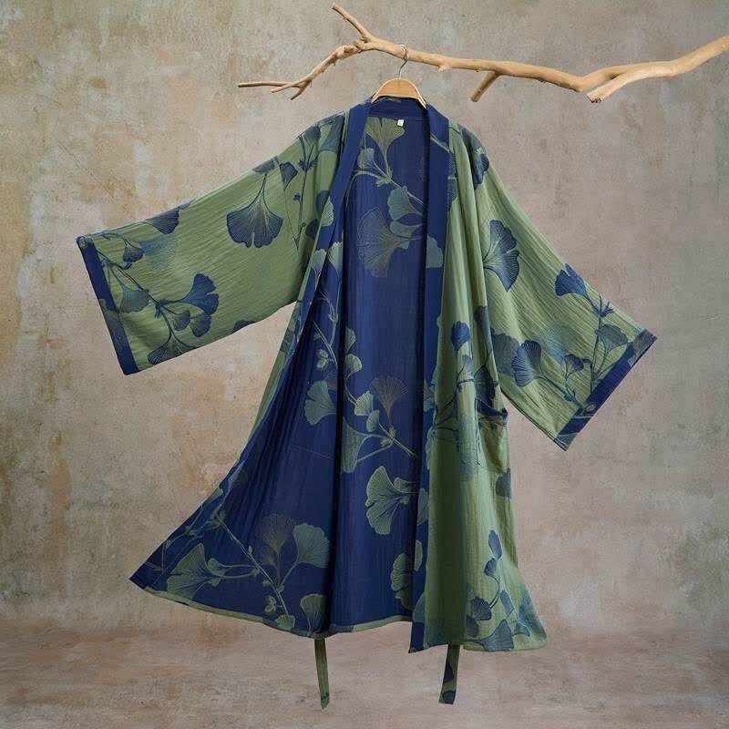 Kimono in cotone con foglie di ginkgo in stile retrò - Verde vetro e blu intenso - XL - image 15