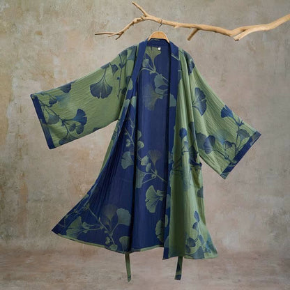 Kimono in cotone con foglie di ginkgo in stile retrò - Verde vetro e blu intenso - XL - image 15
