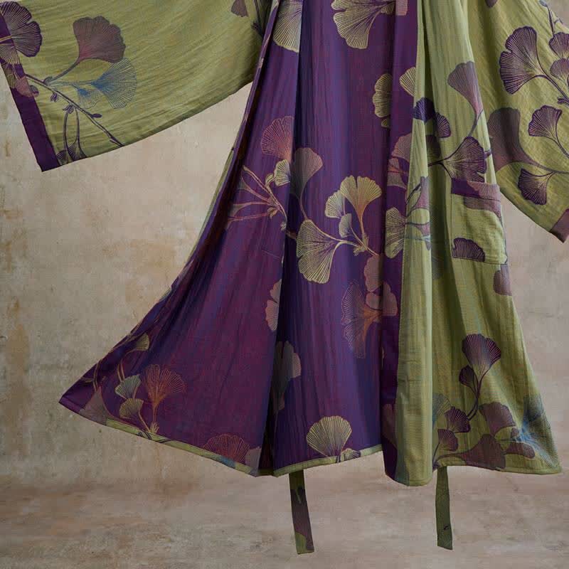 Kimono in cotone con foglie di ginkgo in stile retrò - image 25