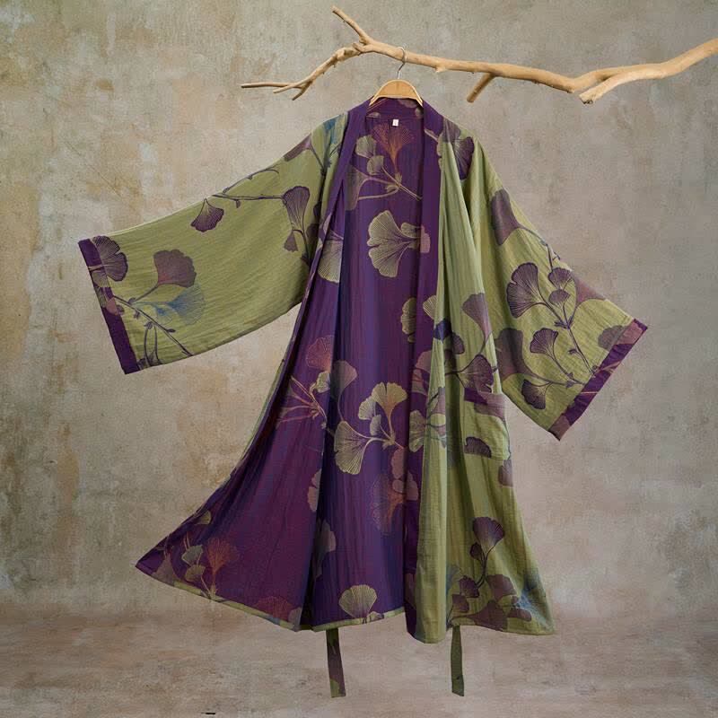 Kimono in cotone con foglie di ginkgo in stile retrò - Verde erba e viola - XL - image 23