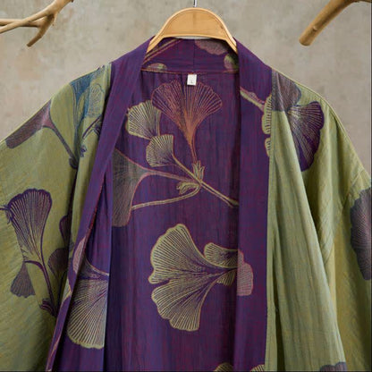Kimono in cotone con foglie di ginkgo in stile retrò - image 26