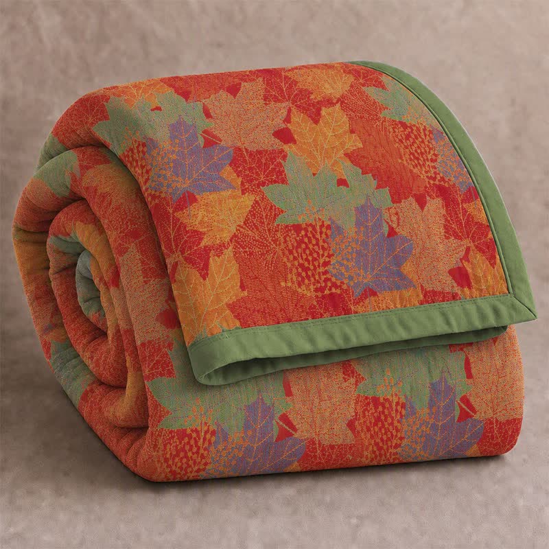 Coperta in cotone con coloratissime foglie d'acero autunnali - Rosso e verde - Coperta - Matrimoniale Extra Lungo - image 0