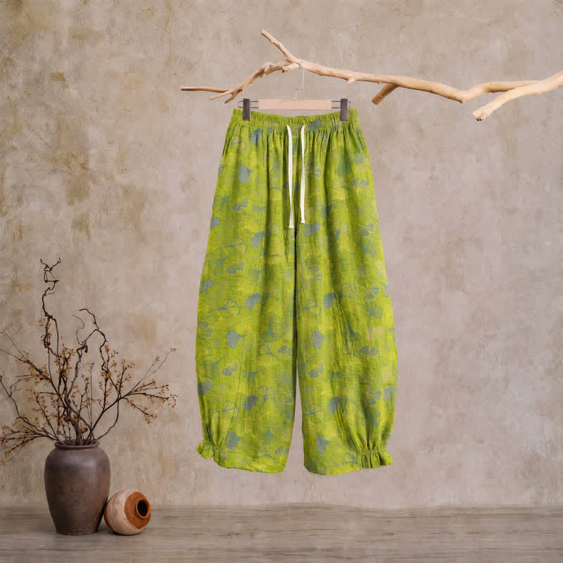 Pantaloni del pigiama in cotone con motivo a foglie di ginkgo verdi - Verde - XL - image 0
