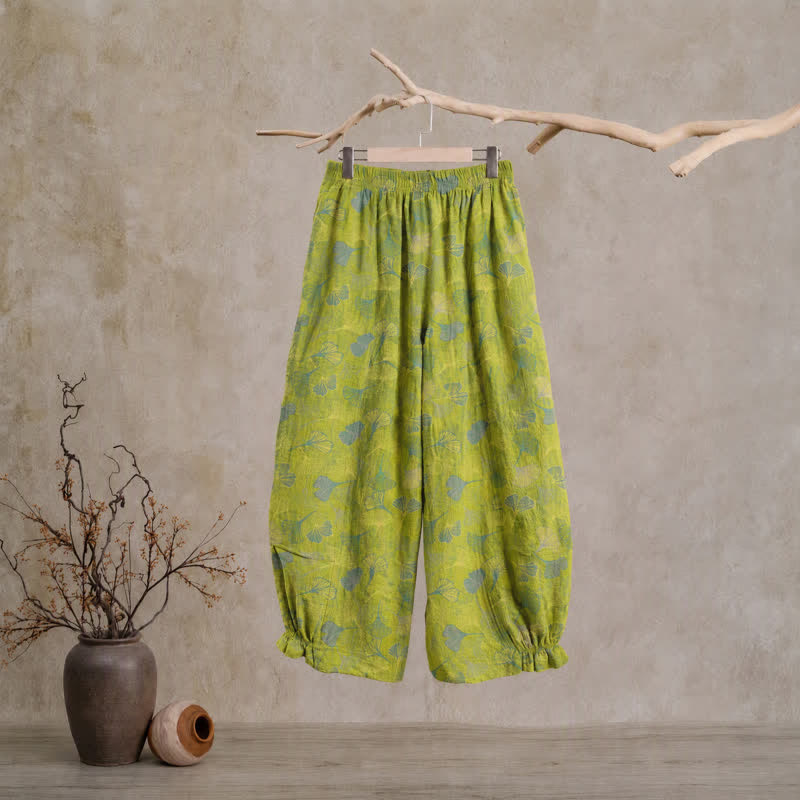 Pantaloni del pigiama in cotone con motivo a foglie di ginkgo verdi - image 1