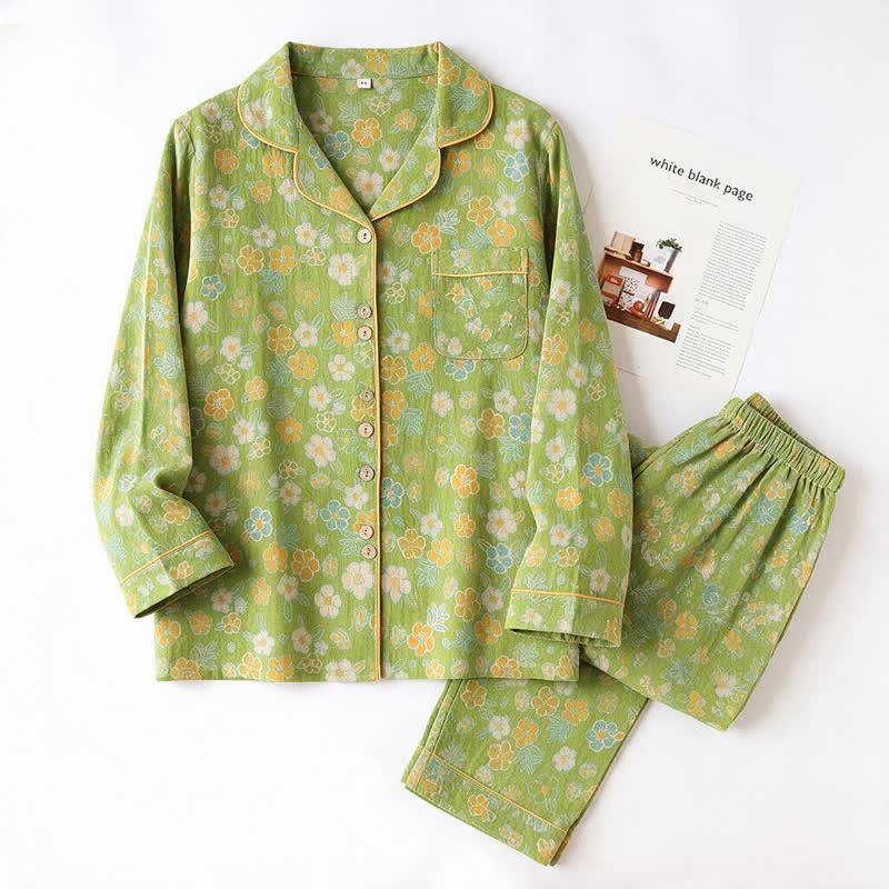 Set pigiama in cotone con stampa floreale verde. - image 2