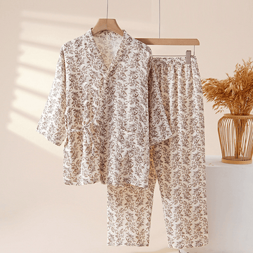 Completo da casa in cotone marrone con stampa floreale. - Marrone - XL - image 0