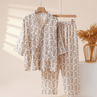 Completo da casa in cotone marrone con stampa floreale. - Marrone - XL - image 0