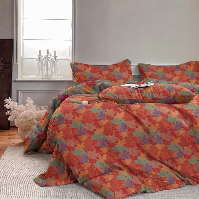 Set di biancheria da letto con copripiumino in cotone con motivo a foglie d'acero colorate. - image 3