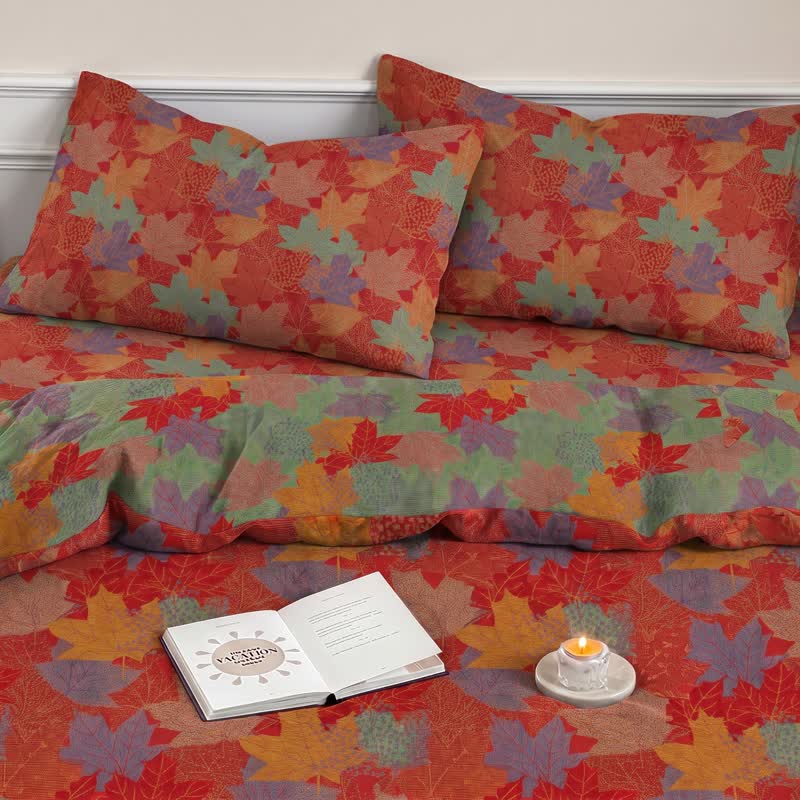 Set di biancheria da letto con copripiumino in cotone con motivo a foglie d'acero colorate. - image 6