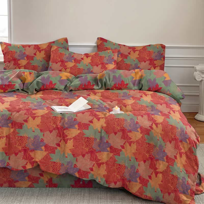 Set di biancheria da letto con copripiumino in cotone con motivo a foglie d'acero colorate. - image 1