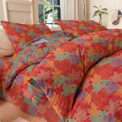 Set di biancheria da letto con copripiumino in cotone con motivo a foglie d'acero colorate. - Rosso e verde - Set di biancheria da letto (4 pezzi) - Matrimoniale Grande - image 0