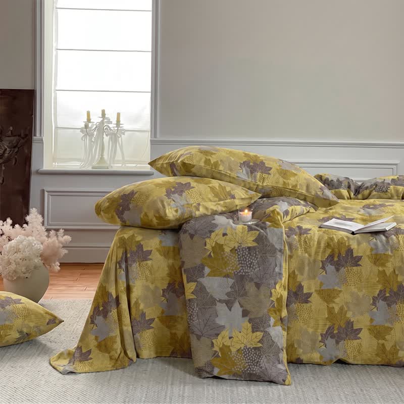 Set di biancheria da letto con copripiumino in cotone con motivo a foglie d'acero colorate. - image 12
