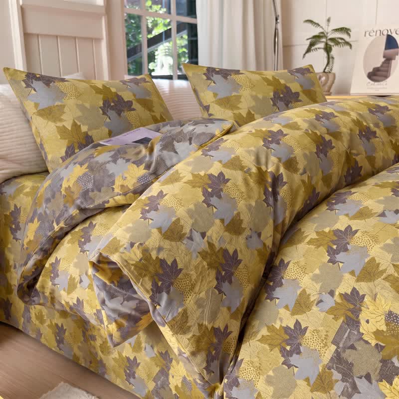 Set di biancheria da letto con copripiumino in cotone con motivo a foglie d'acero colorate. - Giallo e grigio - Set di biancheria da letto (4 pezzi) - Matrimoniale Grande - image 7