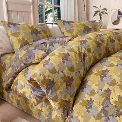 Set di biancheria da letto con copripiumino in cotone con motivo a foglie d'acero colorate. - Giallo e grigio - Set di biancheria da letto (4 pezzi) - Matrimoniale Grande - image 7