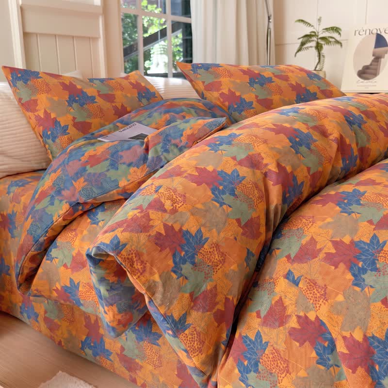 Set di biancheria da letto con copripiumino in cotone con motivo a foglie d'acero colorate. - Arancione e blu - Set di biancheria da letto (4 pezzi) - Matrimoniale Grande - image 14
