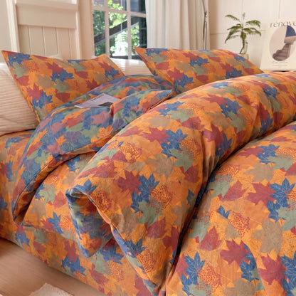Set di biancheria da letto con copripiumino in cotone con motivo a foglie d'acero colorate. - Arancione e blu - Set di biancheria da letto (4 pezzi) - Matrimoniale Grande - image 14
