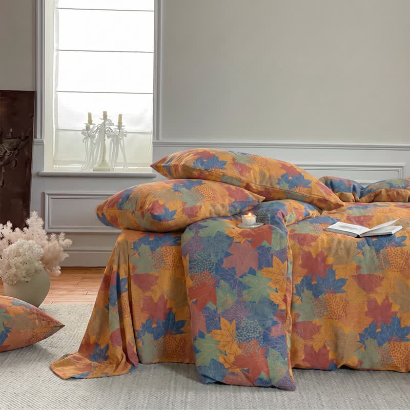 Set di biancheria da letto con copripiumino in cotone con motivo a foglie d'acero colorate. - image 19