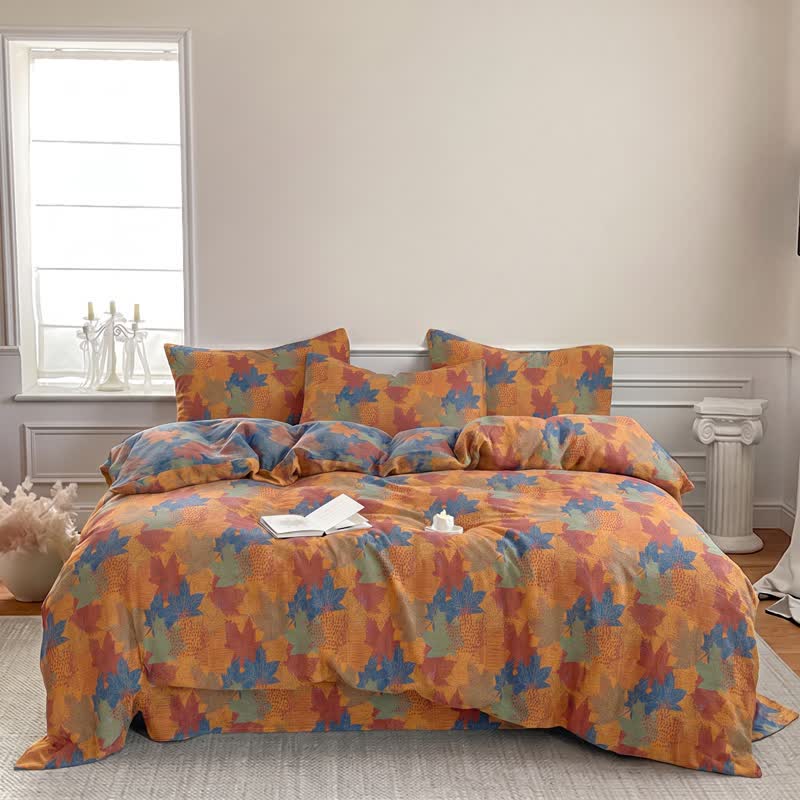 Set di biancheria da letto con copripiumino in cotone con motivo a foglie d'acero colorate. - image 18