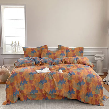 Set di biancheria da letto con copripiumino in cotone con motivo a foglie d'acero colorate. - image 18