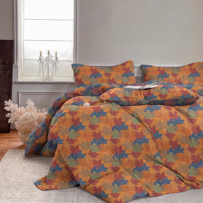 Set di biancheria da letto con copripiumino in cotone con motivo a foglie d'acero colorate. - image 17