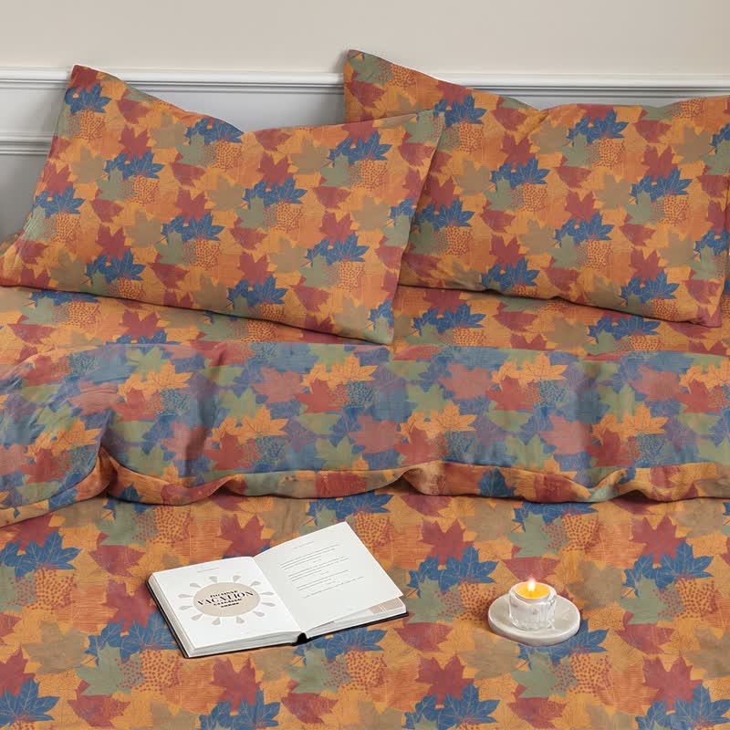 Set di biancheria da letto con copripiumino in cotone con motivo a foglie d'acero colorate. - image 20