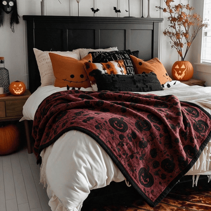 Coperta reversibile in cotone con motivo zucca bordeaux per Halloween - image 3