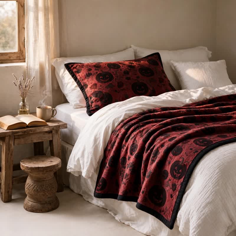 Coperta reversibile in cotone con motivo zucca bordeaux per Halloween - image 4